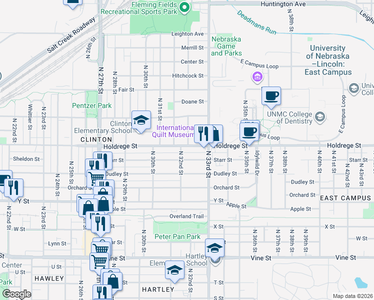 map of restaurants, bars, coffee shops, grocery stores, and more near 3205 Starr Street in Lincoln