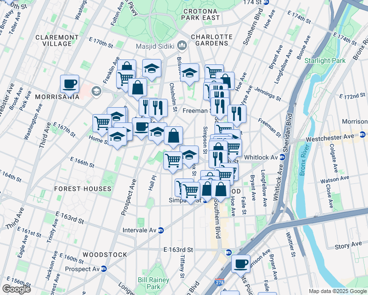 map of restaurants, bars, coffee shops, grocery stores, and more near 895 Home Street in Bronx