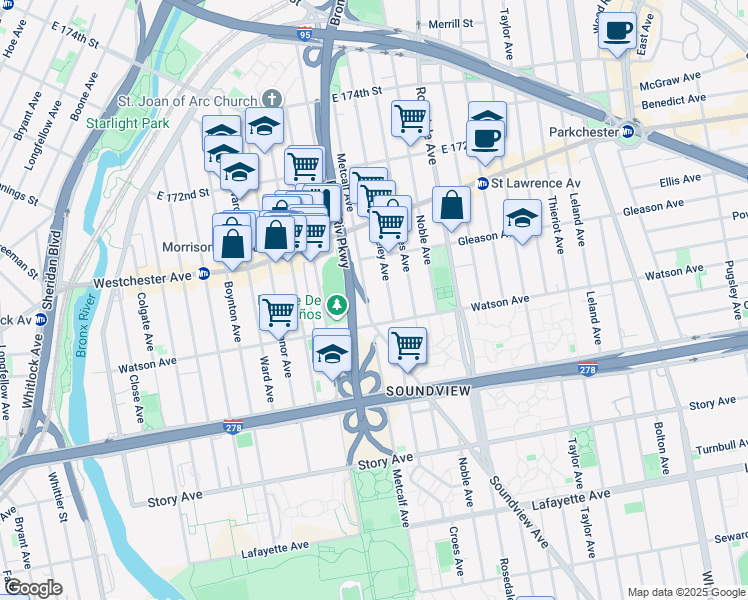 map of restaurants, bars, coffee shops, grocery stores, and more near 1118 Metcalf Avenue in The Bronx
