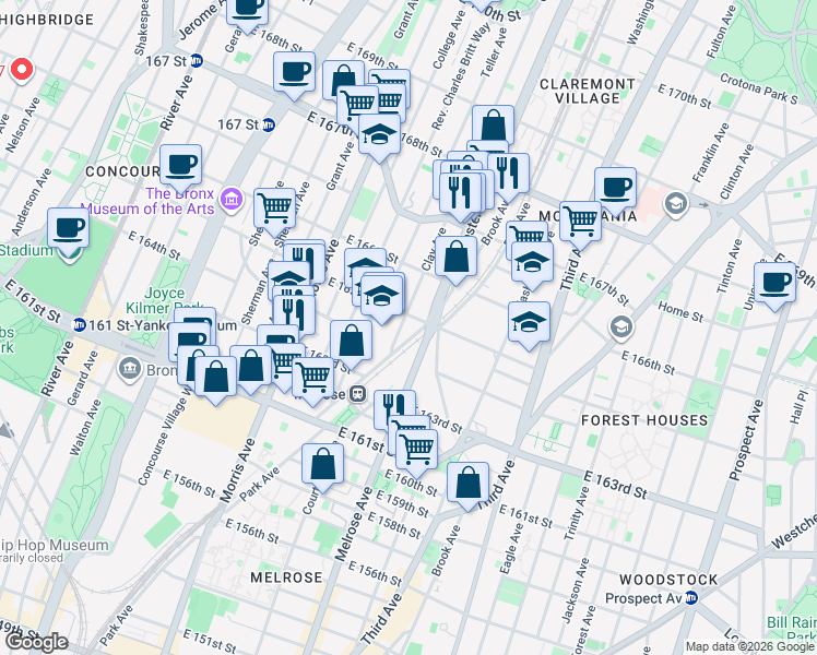 map of restaurants, bars, coffee shops, grocery stores, and more near 3339 Park Avenue in Bronx
