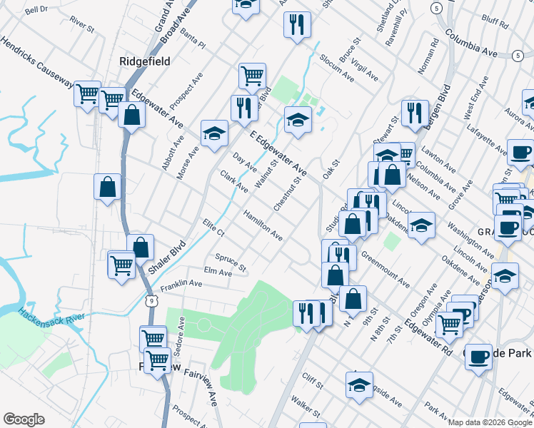 map of restaurants, bars, coffee shops, grocery stores, and more near 455 Chestnut Street in Ridgefield