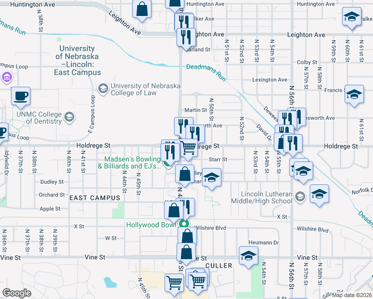 map of restaurants, bars, coffee shops, grocery stores, and more near 1448 North 48th Street in Lincoln