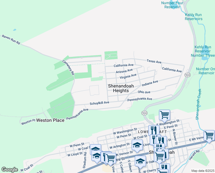 map of restaurants, bars, coffee shops, grocery stores, and more near 182 Florida Avenue in Shenandoah