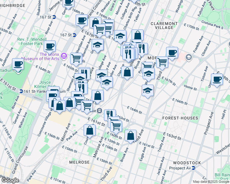 map of restaurants, bars, coffee shops, grocery stores, and more near 3339 Park Avenue in Bronx