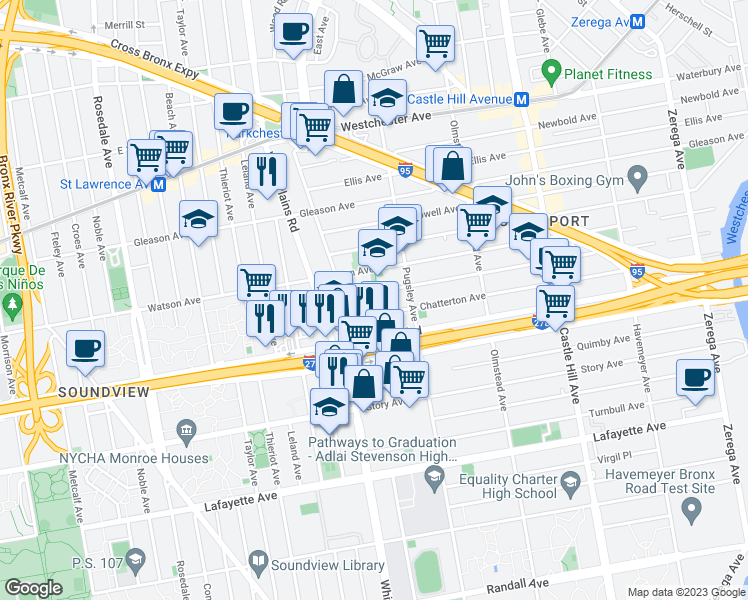 map of restaurants, bars, coffee shops, grocery stores, and more near 1950 Blackrock Avenue in Bronx