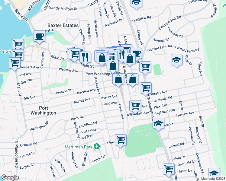 map of restaurants, bars, coffee shops, grocery stores, and more near 135 Bayview Avenue in Port Washington