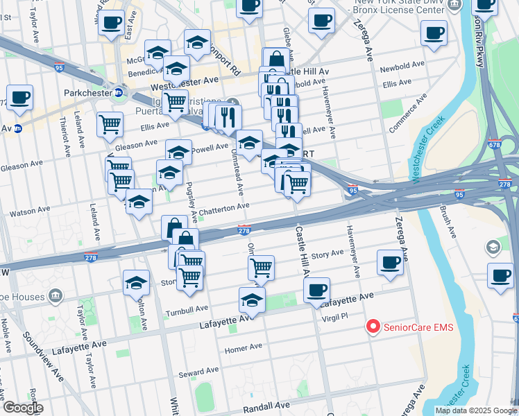 map of restaurants, bars, coffee shops, grocery stores, and more near 2122 Blackrock Avenue in The Bronx