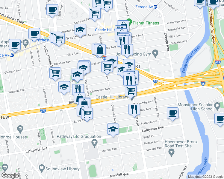 map of restaurants, bars, coffee shops, grocery stores, and more near 2122 Blackrock Avenue in Bronx