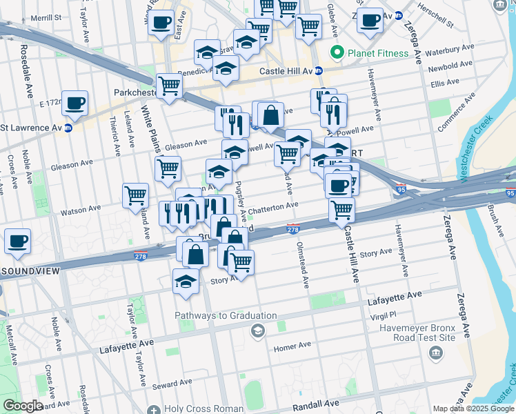 map of restaurants, bars, coffee shops, grocery stores, and more near 2019 Blackrock Avenue in Bronx
