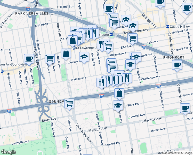 map of restaurants, bars, coffee shops, grocery stores, and more near 1111 Leland Avenue in The Bronx