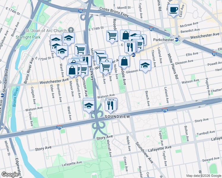 map of restaurants, bars, coffee shops, grocery stores, and more near 1143 Croes Avenue in Bronx