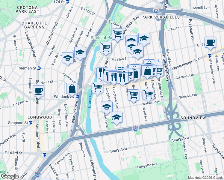 map of restaurants, bars, coffee shops, grocery stores, and more near in The Bronx