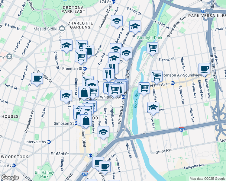map of restaurants, bars, coffee shops, grocery stores, and more near 1028 Freeman Street in Bronx