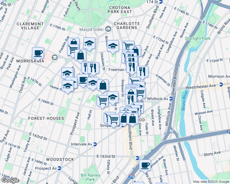 map of restaurants, bars, coffee shops, grocery stores, and more near 895 Home Street in The Bronx