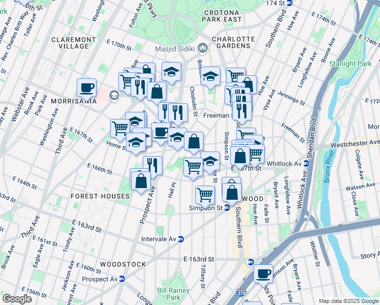 map of restaurants, bars, coffee shops, grocery stores, and more near 890 East 169th Street in Bronx