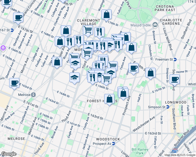 map of restaurants, bars, coffee shops, grocery stores, and more near 1142 Franklin Avenue in Bronx