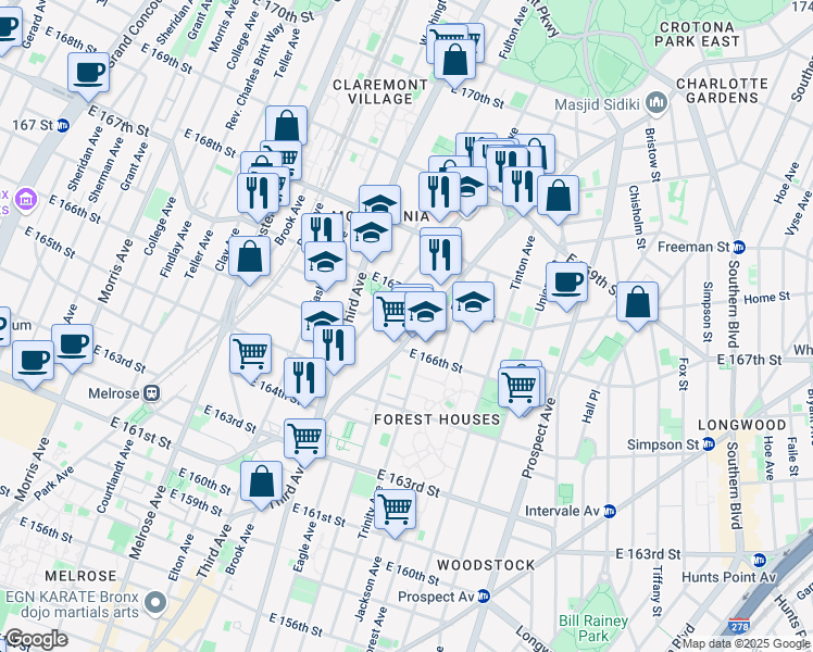 map of restaurants, bars, coffee shops, grocery stores, and more near 1142 Franklin Avenue in Bronx