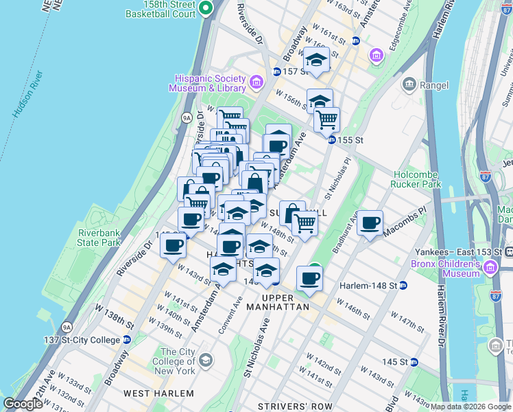 map of restaurants, bars, coffee shops, grocery stores, and more near 1811 Amsterdam Avenue in New York