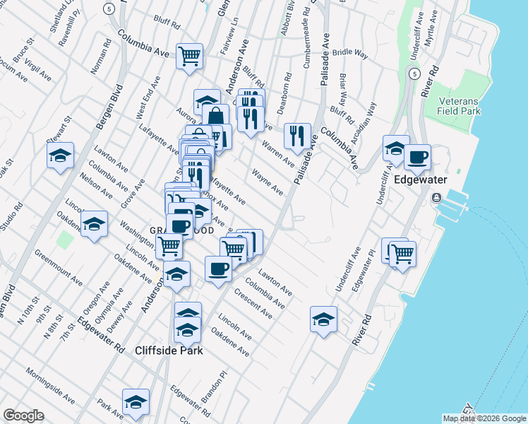map of restaurants, bars, coffee shops, grocery stores, and more near 225 Franklin Avenue in Cliffside Park