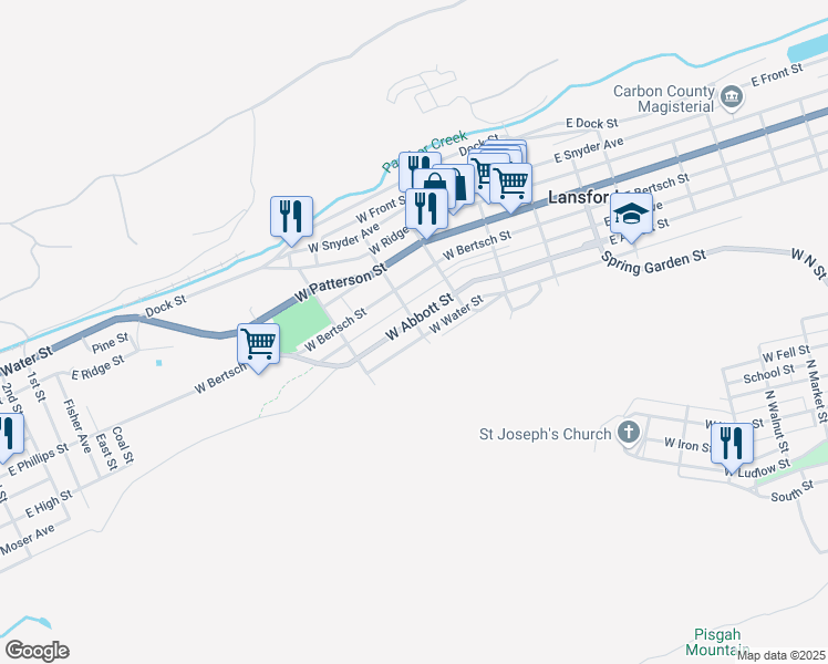 map of restaurants, bars, coffee shops, grocery stores, and more near 300 West Abbott Street in Lansford