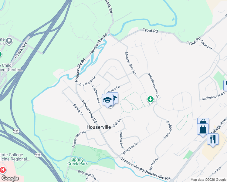 map of restaurants, bars, coffee shops, grocery stores, and more near 100-140 Mitch Ave in State College
