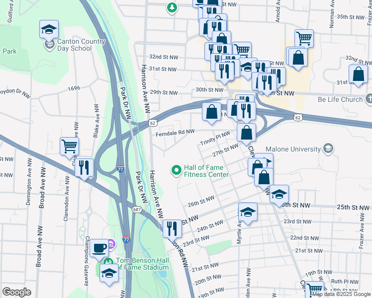map of restaurants, bars, coffee shops, grocery stores, and more near 1818 Hillcrest Road Northwest in Canton