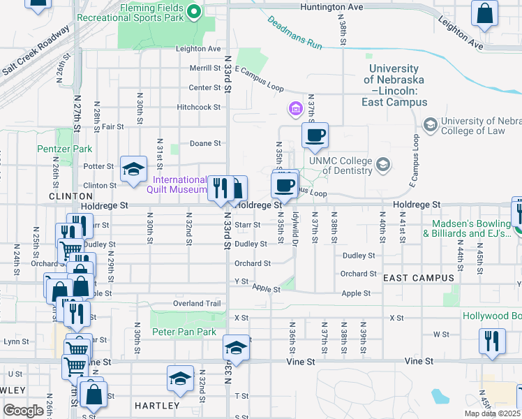 map of restaurants, bars, coffee shops, grocery stores, and more near 3420 Holdrege Street in Lincoln