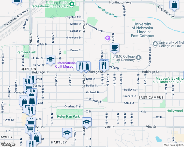 map of restaurants, bars, coffee shops, grocery stores, and more near 3310 Holdrege Street in Lincoln