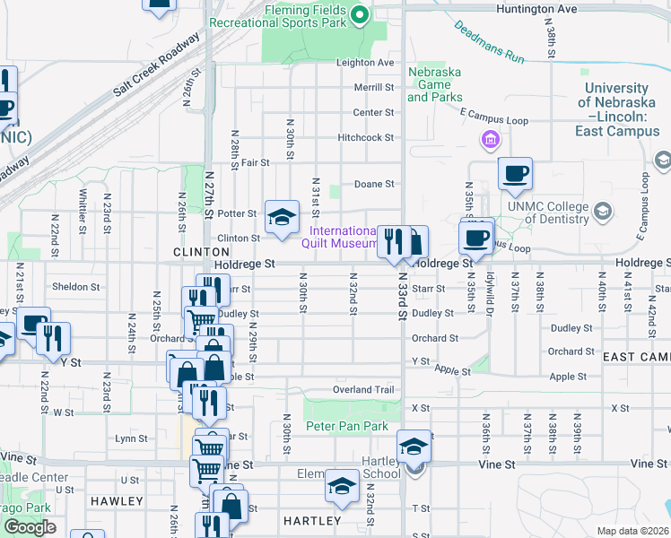 map of restaurants, bars, coffee shops, grocery stores, and more near 3116 Holdrege Street in Lincoln