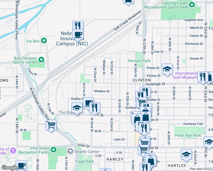 map of restaurants, bars, coffee shops, grocery stores, and more near 1525 Whittier Street in Lincoln