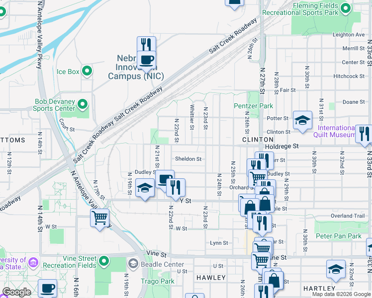 map of restaurants, bars, coffee shops, grocery stores, and more near 1525 Whittier Street in Lincoln