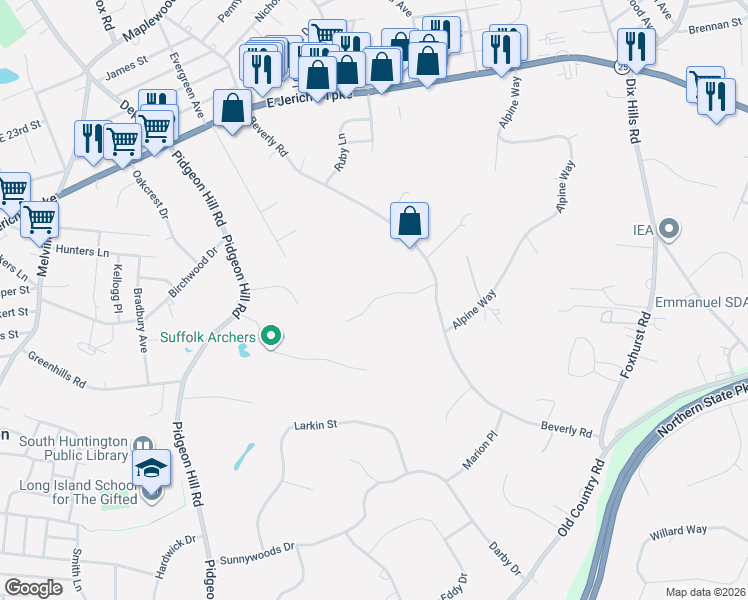 map of restaurants, bars, coffee shops, grocery stores, and more near 165 Beverly Road in Huntington Station