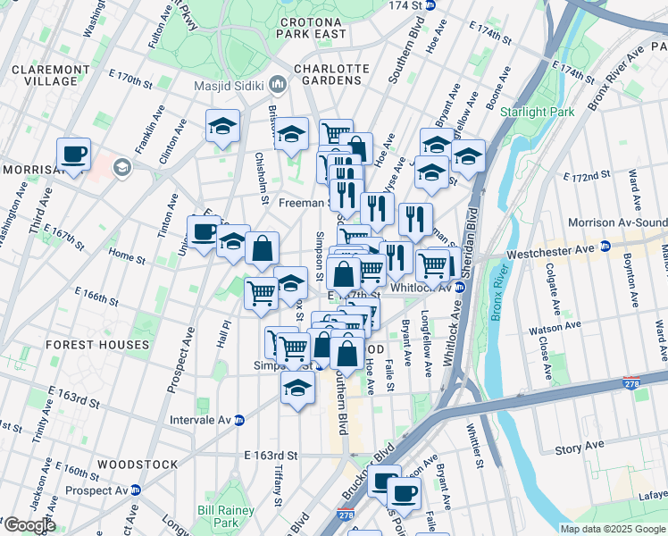map of restaurants, bars, coffee shops, grocery stores, and more near in The Bronx