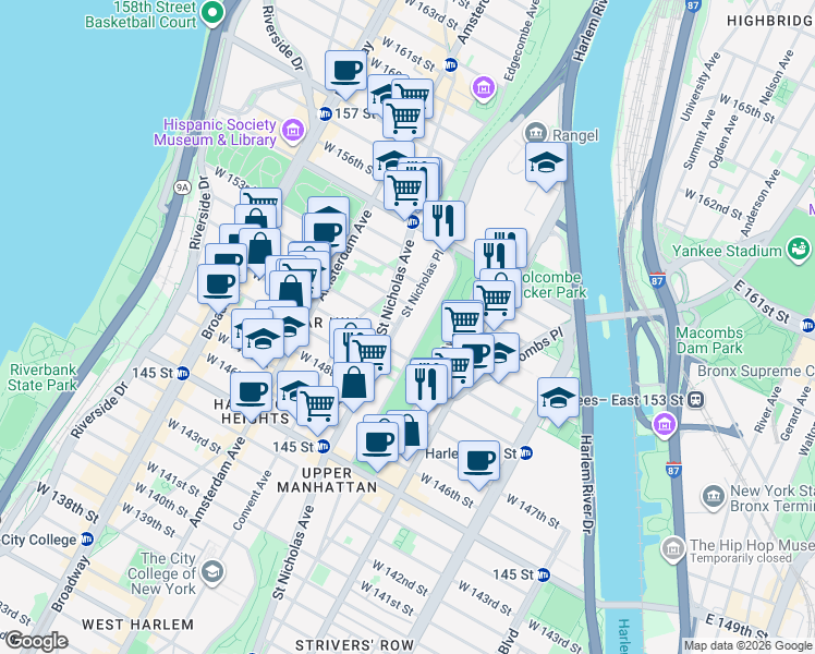 map of restaurants, bars, coffee shops, grocery stores, and more near 48 Saint Nicholas Place in New York