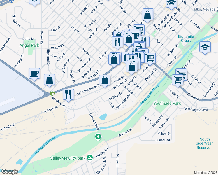 map of restaurants, bars, coffee shops, grocery stores, and more near 193 West Commercial Street in Elko