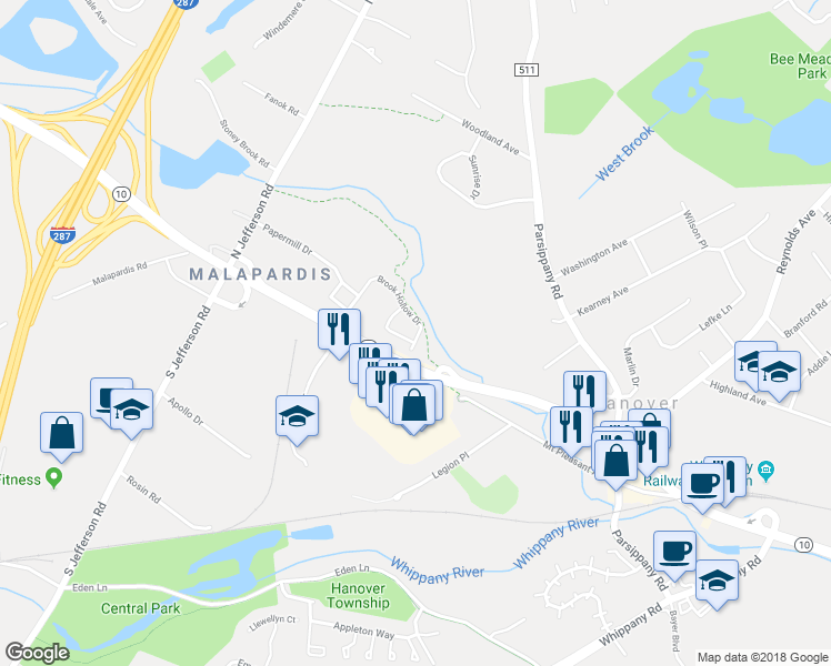 map of restaurants, bars, coffee shops, grocery stores, and more near 1407 Brook Hollow Drive in Hanover