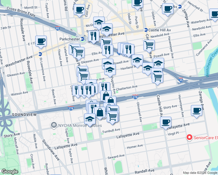 map of restaurants, bars, coffee shops, grocery stores, and more near 1075 Pugsley Avenue in Bronx