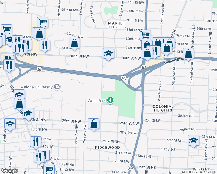 map of restaurants, bars, coffee shops, grocery stores, and more near 2812 Harvard Avenue Northwest in Canton
