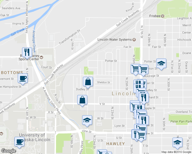 map of restaurants, bars, coffee shops, grocery stores, and more near 2201 Holdrege Street in Lincoln