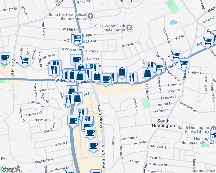map of restaurants, bars, coffee shops, grocery stores, and more near 124 East Jericho Turnpike in Huntington Station