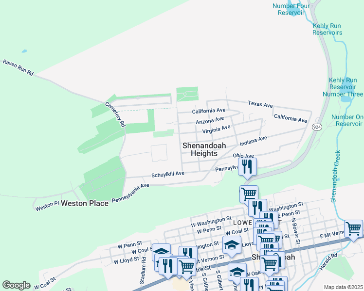 map of restaurants, bars, coffee shops, grocery stores, and more near 182 Florida Avenue in Shenandoah