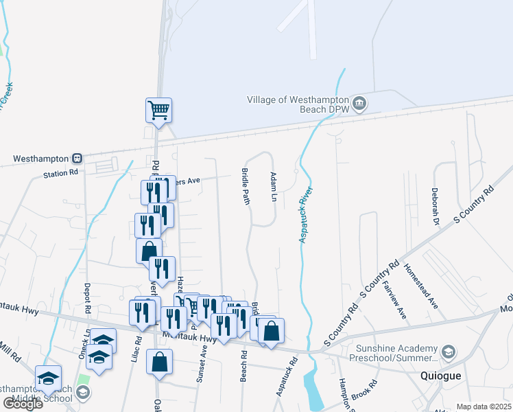 map of restaurants, bars, coffee shops, grocery stores, and more near 42 Bridle Path in Westhampton Beach