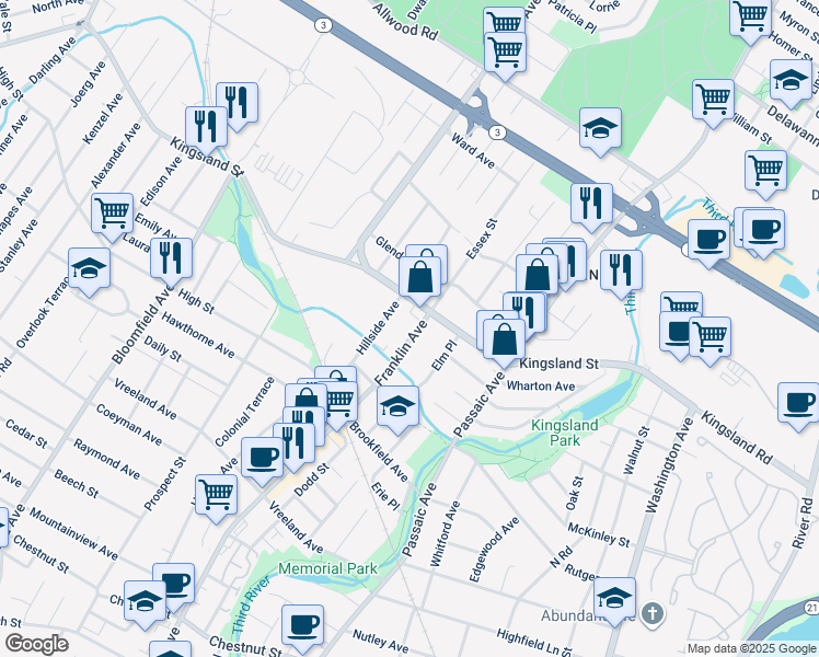 map of restaurants, bars, coffee shops, grocery stores, and more near 344 Hillside Avenue in Nutley
