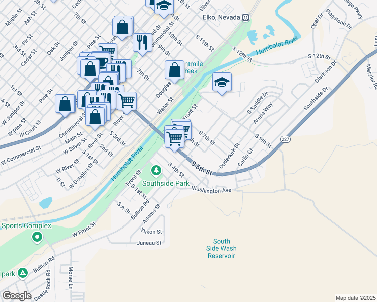 map of restaurants, bars, coffee shops, grocery stores, and more near 545 Wilson Avenue in Elko