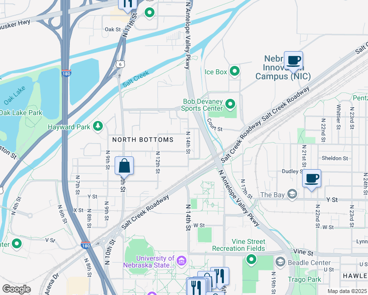 map of restaurants, bars, coffee shops, grocery stores, and more near 1321 Court Street in Lincoln