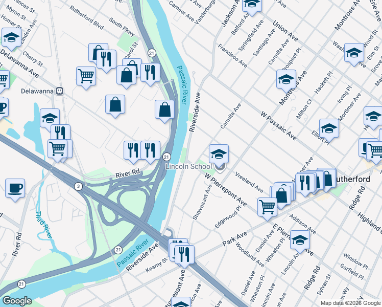 map of restaurants, bars, coffee shops, grocery stores, and more near 380 Riverside Avenue in Rutherford