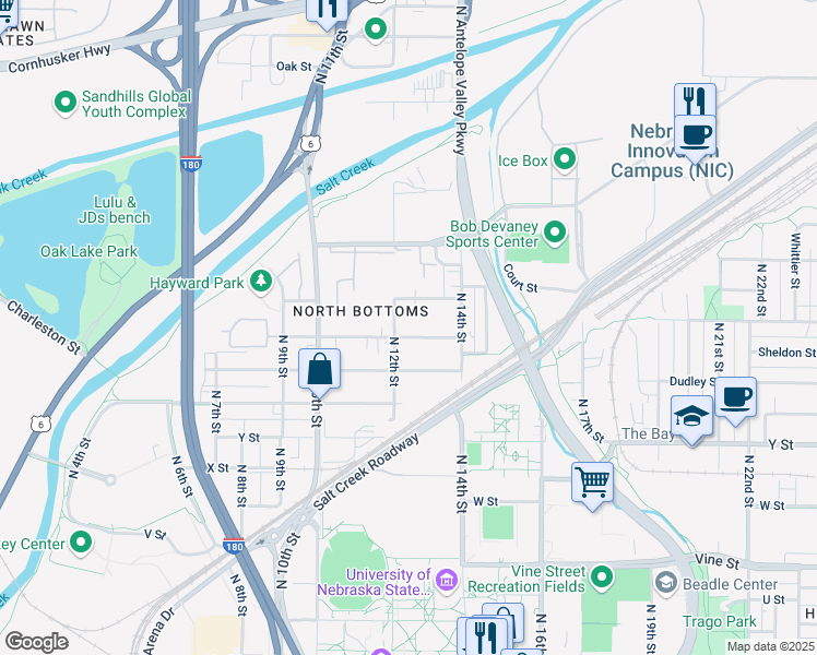 map of restaurants, bars, coffee shops, grocery stores, and more near 1509 North 13th Street in Lincoln