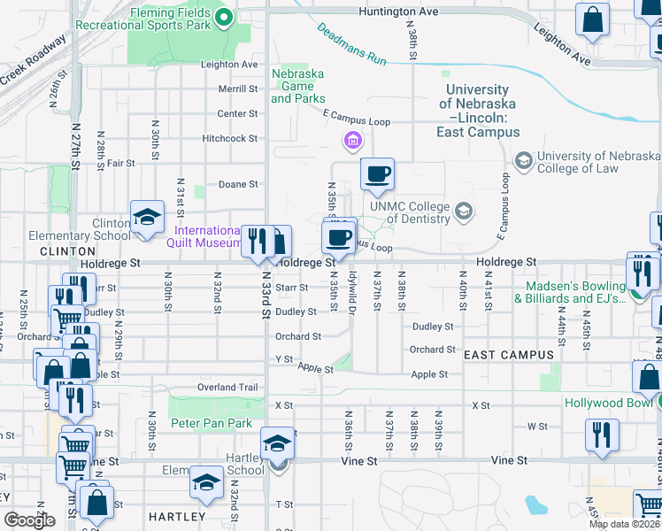 map of restaurants, bars, coffee shops, grocery stores, and more near 3455 Holdrege Street in Lincoln