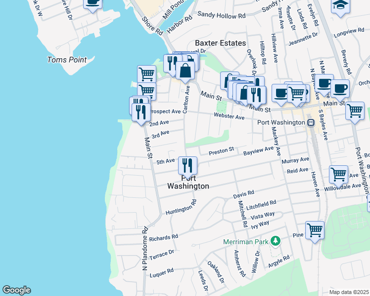 map of restaurants, bars, coffee shops, grocery stores, and more near Carlton Ave & Charles St in Port Washington
