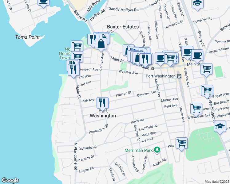 map of restaurants, bars, coffee shops, grocery stores, and more near 20 Adams Street in Port Washington